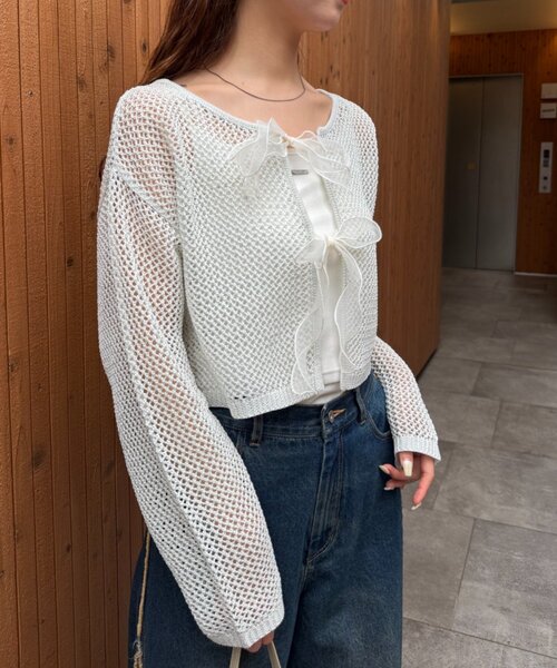 w closet（ダブルクローゼット）の「ラメメッシュリボンボレロ カーディガン（ニット/セーター・レディース・グレー/ピンク/ブラック/オフホワイト・FREE）」の6枚目の写真