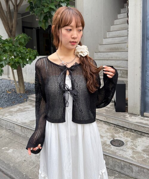 w closet（ダブルクローゼット）の「ラメメッシュリボンボレロ カーディガン（ニット/セーター・レディース・グレー/ピンク/ブラック/オフホワイト・FREE）」の12枚目の写真