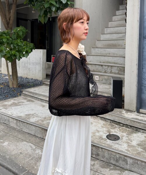 w closet（ダブルクローゼット）の「ラメメッシュリボンボレロ カーディガン（ニット/セーター・レディース・グレー/ピンク/ブラック/オフホワイト・FREE）」の13枚目の写真