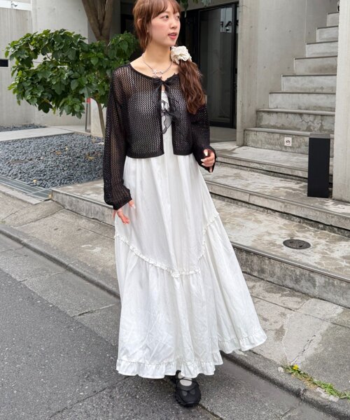 w closet（ダブルクローゼット）の「ラメメッシュリボンボレロ カーディガン（ニット/セーター・レディース・グレー/ピンク/ブラック/オフホワイト・FREE）」の15枚目の写真