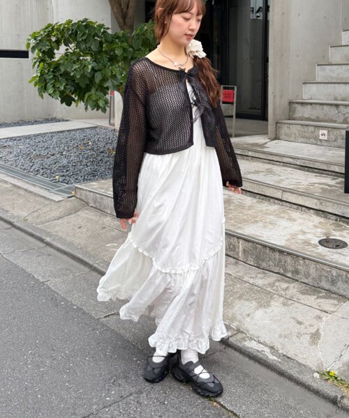 w closet（ダブルクローゼット）の「ラメメッシュリボンボレロ カーディガン（ニット/セーター・レディース・グレー/ピンク/ブラック/オフホワイト・FREE）」の16枚目の写真