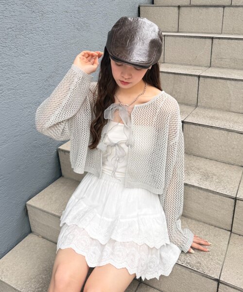 w closet（ダブルクローゼット）の「ラメメッシュリボンボレロ カーディガン（ニット/セーター・レディース・グレー/ピンク/ブラック/オフホワイト・FREE）」の19枚目の写真