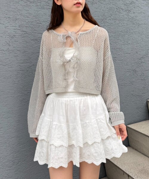 w closet（ダブルクローゼット）の「ラメメッシュリボンボレロ カーディガン（ニット/セーター・レディース・グレー/ピンク/ブラック/オフホワイト・FREE）」の20枚目の写真