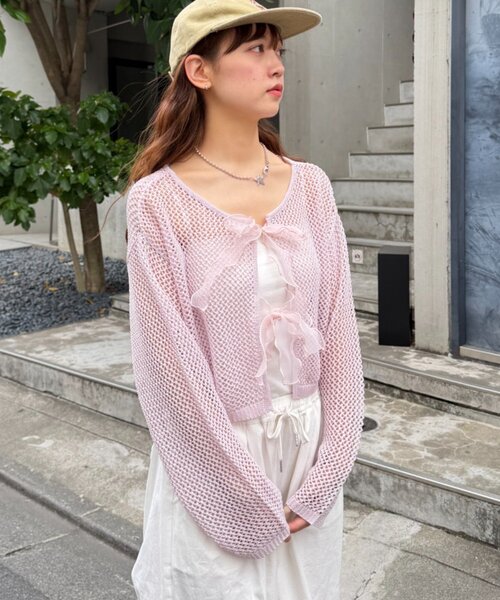 w closet（ダブルクローゼット）の「ラメメッシュリボンボレロ カーディガン（ニット/セーター・レディース・グレー/ピンク/ブラック/オフホワイト・FREE）」の13枚目の写真