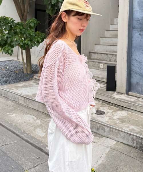 w closet（ダブルクローゼット）の「ラメメッシュリボンボレロ カーディガン（ニット/セーター・レディース・グレー/ピンク/ブラック/オフホワイト・FREE）」の14枚目の写真