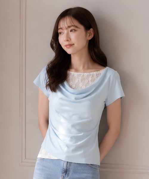 center i(センターアイ)の「レース切替ドレープネック半袖カットソー(Tシャツ/カットソー・レディース・サックスブルー/イエロー/オフホワイト・FREE)」の1枚目の写真