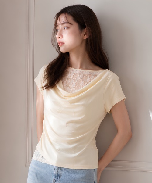 center i(センターアイ)の「レース切替ドレープネック半袖カットソー(Tシャツ/カットソー・レディース・サックスブルー/イエロー/オフホワイト・FREE)」の3枚目の写真