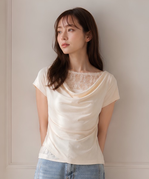 center i(センターアイ)の「レース切替ドレープネック半袖カットソー(Tシャツ/カットソー・レディース・サックスブルー/イエロー/オフホワイト・FREE)」の4枚目の写真