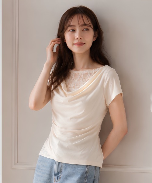 center i(センターアイ)の「レース切替ドレープネック半袖カットソー(Tシャツ/カットソー・レディース・サックスブルー/イエロー/オフホワイト・FREE)」の6枚目の写真