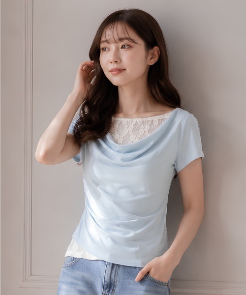 center i(センターアイ)の「レース切替ドレープネック半袖カットソー(Tシャツ/カットソー・レディース・サックスブルー/イエロー/オフホワイト・FREE)」の7枚目の写真