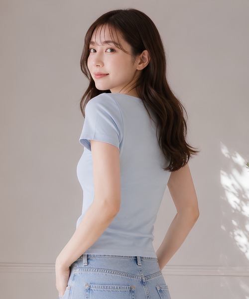 center i(センターアイ)の「レース切替ドレープネック半袖カットソー(Tシャツ/カットソー・レディース・サックスブルー/イエロー/オフホワイト・FREE)」の8枚目の写真