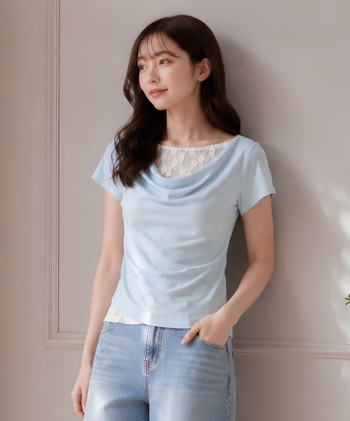 center i(センターアイ)の「レース切替ドレープネック半袖カットソー(Tシャツ/カットソー・レディース・サックスブルー/イエロー/オフホワイト・FREE)」の9枚目の写真