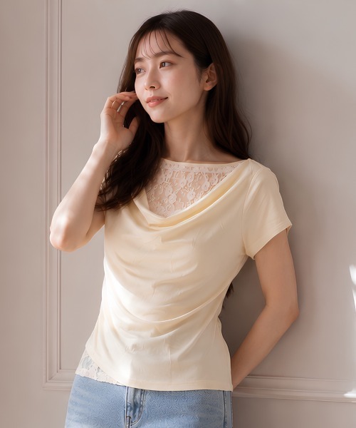 center i(センターアイ)の「レース切替ドレープネック半袖カットソー(Tシャツ/カットソー・レディース・サックスブルー/イエロー/オフホワイト・FREE)」の10枚目の写真