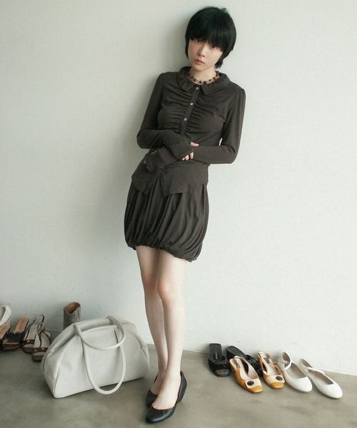 igi(イジ)の「Mellow gather cardi top / ソフトストレッチギャザートップス(シャツ/ブラウス・レディース・ブラウン/ミント/チャコールグレー・FREE)」の1枚目の写真