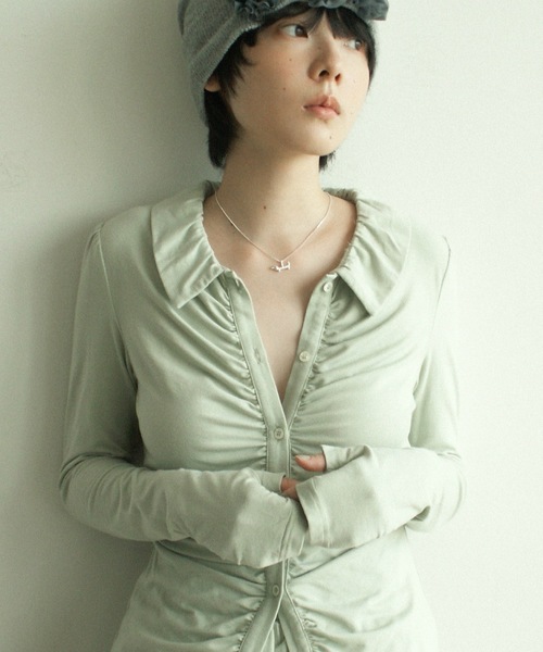 igi(イジ)の「Mellow gather cardi top / ソフトストレッチギャザートップス(シャツ/ブラウス・レディース・ブラウン/ミント/チャコールグレー・FREE)」の3枚目の写真