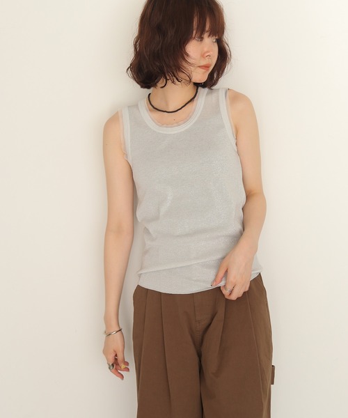 cheriella(シェリエラ)の「【cheriella】グリッターリブタンクトップ GLITTER RIB TANK TOP(Tシャツ/カットソー・レディース・グレー/オフホワイト/ライム・FREE)」の1枚目の写真