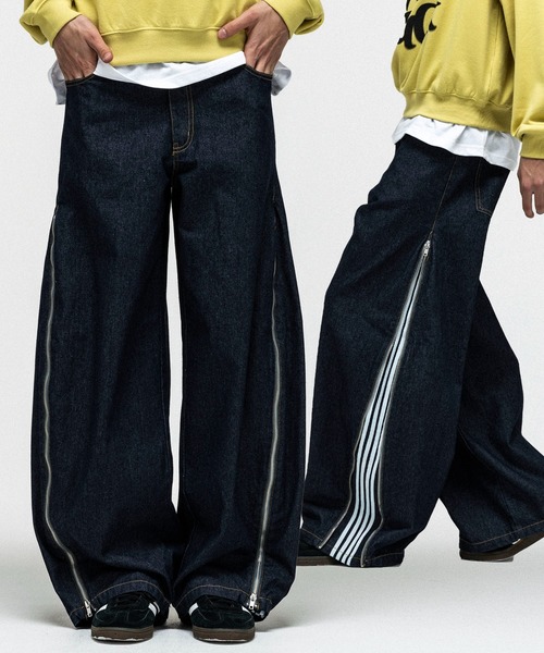 ILL'S(イルズ)の「2way SIDE ZIP BARREL-LEG DENIM PANTS / 2wayサイドジップバレルレッグデニムパンツ バギーパンツ ワイド サイドライン メンズ レディース ユニセックス(その他パンツ・メンズ・ブルー/グレー/ブラック・L/M)」の3枚目の写真