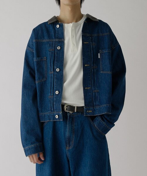 goocy(グーシー)の「衿PUレザーデニムトラッカージャケット(ブルゾン・メンズ・ネイビー/サックスブルー/ブラック・MEDIUM/LARGE)」の1枚目の写真