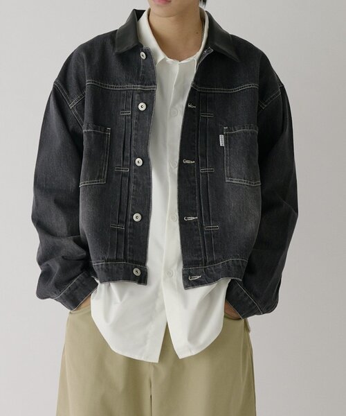 goocy(グーシー)の「衿PUレザーデニムトラッカージャケット(ブルゾン・メンズ・ネイビー/サックスブルー/ブラック・MEDIUM/LARGE)」の4枚目の写真