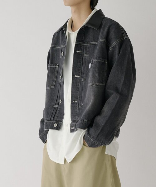 goocy(グーシー)の「衿PUレザーデニムトラッカージャケット(ブルゾン・メンズ・ネイビー/サックスブルー/ブラック・MEDIUM/LARGE)」の5枚目の写真