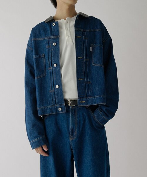 goocy(グーシー)の「衿PUレザーデニムトラッカージャケット(ブルゾン・メンズ・ネイビー/サックスブルー/ブラック・MEDIUM/LARGE)」の13枚目の写真