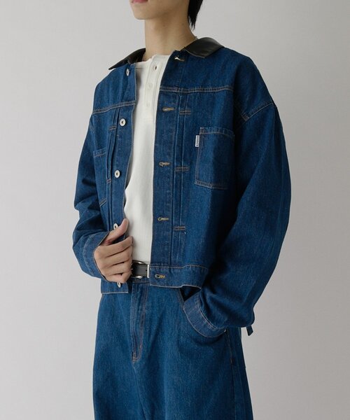 goocy(グーシー)の「衿PUレザーデニムトラッカージャケット(ブルゾン・メンズ・ネイビー/サックスブルー/ブラック・MEDIUM/LARGE)」の14枚目の写真