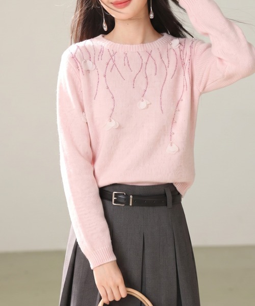 AMAJI(アマジ)の「立体フラワー ビジュー ニットトップス(ニット/セーター・レディース・ライトピンク・SMALL/MEDIUM/LARGE/X-LARGE)」の3枚目の写真
