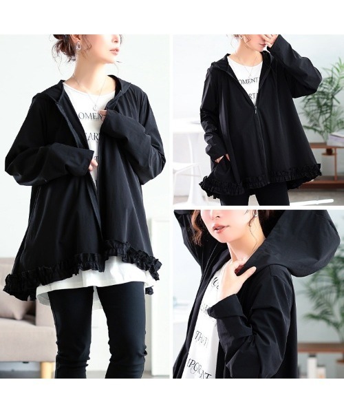 GOLDJAPAN(ゴールドジャパン)の「裾フリルZIPパーカー【大きいサイズ対応】(パーカー・レディース・グレイッシュベージュ/ブラック・4L/3L/5L/LL)」の13枚目の写真