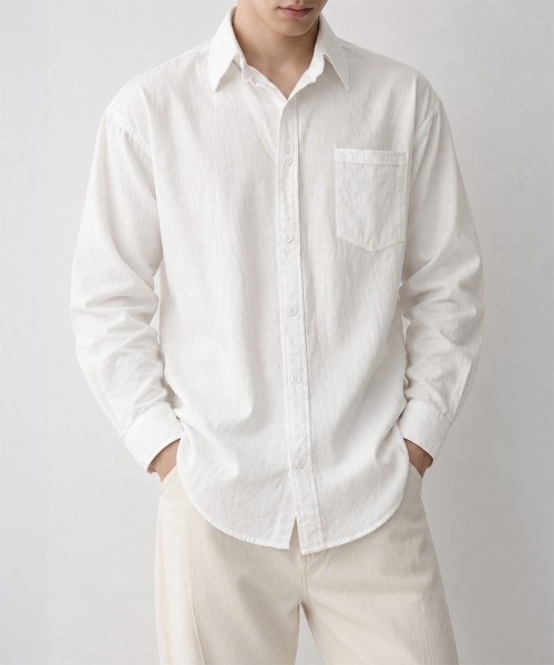 AsaAura(アサオーラ)の「メンズ長袖シャツ綿麻風トップス韓国風秋服(シャツ/ブラウス・メンズ・ライトブルー/ホワイト/ベージュ/ブラック/ダークグレー・FREE)」の1枚目の写真