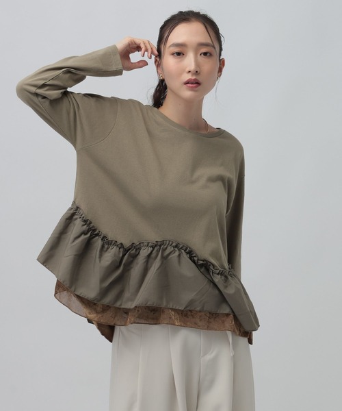 LEPSIM(レプシィム)の「異素材ヘムドッキングプルオーバー 1080842(Tシャツ/カットソー・レディース・アイボリー/ブラック/カーキ・FREE)」の1枚目の写真