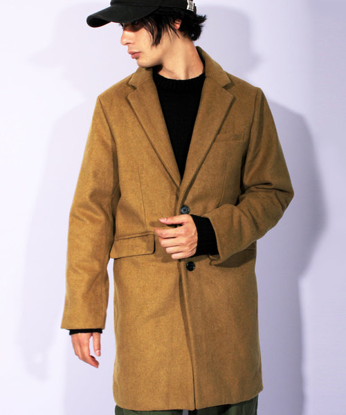 ８(eight)（エイト）の「チェスターコート ロング ジャケット ウール メルトン（チェスターコート・メンズ・キャメル/ブラック/ネイビー/グレー・MEDIUM/LARGE）」の4枚目の写真