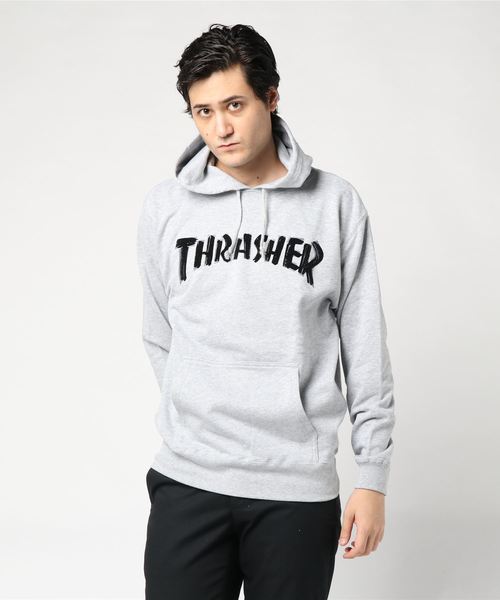 THRASHER（スラッシャー）の「【直営店限定アイテム】FLOCKY ON SILK MAG LOGO SWEAT PARKA/スラッシャー ユニセックス パーカー プルオーバー（パーカー・メンズ・ブラック/ホワイト/グレー/ブラック×ホワイト/ホワイト×ブラック/グレー系その他・SMALL/MEDIUM/LARGE/X-LARGE）」の6枚目の写真