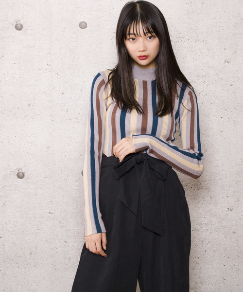 LUGG NAGG（ラグナグ）の「【Jewelobe/ ジュエローブ】ストライプ リブニットトップス（ニット/セーター・レディース・ネイビー/ブラウン/グレー・FREE）」の2枚目の写真