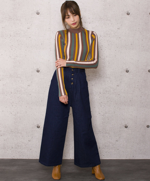 LUGG NAGG（ラグナグ）の「【Jewelobe/ ジュエローブ】ストライプ リブニットトップス（ニット/セーター・レディース・ネイビー/ブラウン/グレー・FREE）」の4枚目の写真