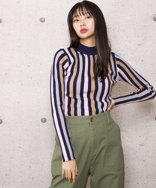 LUGG NAGG（ラグナグ）の「【Jewelobe/ ジュエローブ】ストライプ リブニットトップス（ニット/セーター・レディース・ネイビー/ブラウン/グレー・FREE）」の9枚目の写真