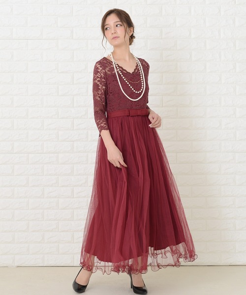 Lace Ladies(レースレディース)の「Vネック レース 七分袖 チュールワンピースドレス(ドレス・レディース・ブラック/グリーン/ネイビー/ワインレッド・L/M/S/XL/XXL)」の4枚目の写真