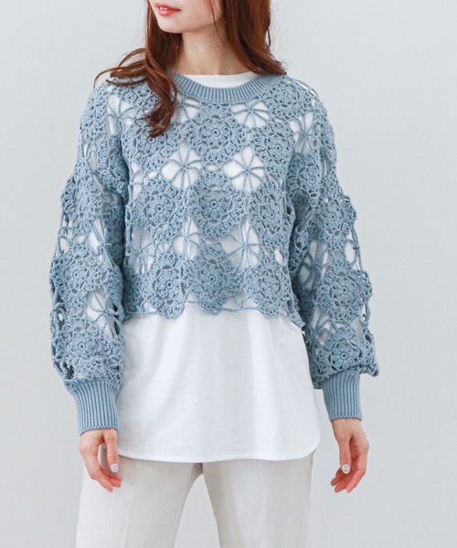 archives（アルシーヴ）の「カギ針ニット×スリットロングＴセット（Tシャツ/カットソー・レディース・オフホワイト/ブラック/ブルー/イエロー・MEDIUM）」の3枚目の写真