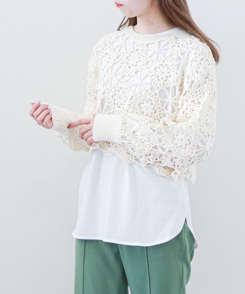 archives（アルシーヴ）の「カギ針ニット×スリットロングＴセット（Tシャツ/カットソー・レディース・オフホワイト/ブラック/ブルー/イエロー・MEDIUM）」の5枚目の写真