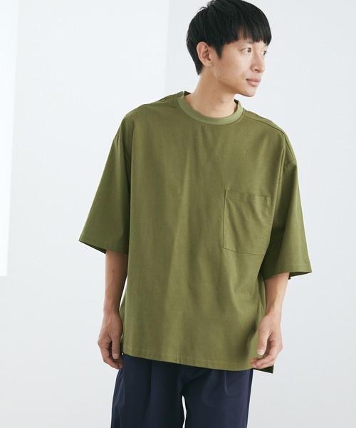 Loungewear tokyo（ラウンジウェアトウキョウ）の「麻レーヨンリラックス オーバーサイズ 1ポケット半袖サイドスリットカットソー ワンマイルウェア（Tシャツ/カットソー・メンズ・ブラック/ネイビー/カーキ/グレー系その他/ベージュ系その他/キナリ・M/L/XL）」の6枚目の写真