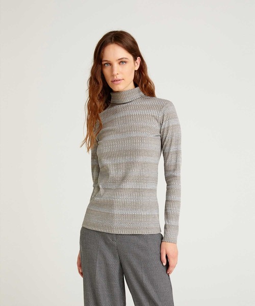 SISLEY(シスレー)の「ボーダータートルネック長袖カットソー(Tシャツ/カットソー・レディース・マルチ/ダークグレー/グレー・MEDIUM/SMALL/X-SMALL)」の1枚目の写真