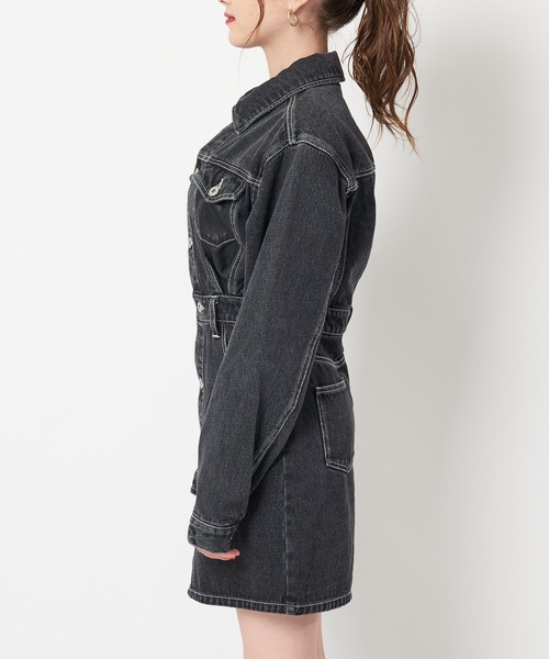 SPIRALGIRL(スパイラルガール)の「合皮ポケットデニムミニワンピース(ワンピース・レディース・ブラック/インディゴブルー・FREE)」の6枚目の写真