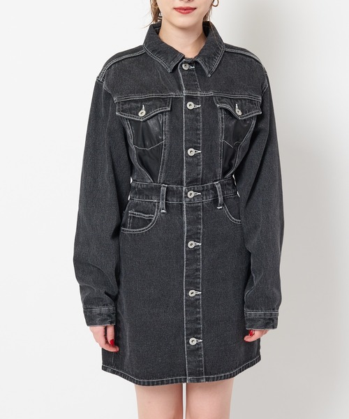 SPIRALGIRL(スパイラルガール)の「合皮ポケットデニムミニワンピース(ワンピース・レディース・ブラック/インディゴブルー・FREE)」の3枚目の写真