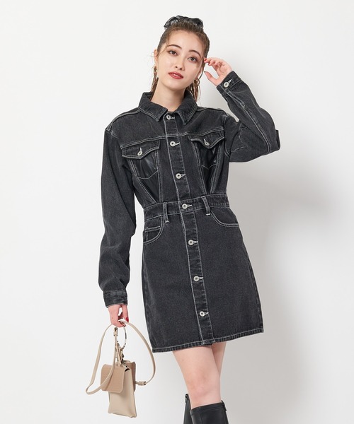 SPIRALGIRL(スパイラルガール)の「合皮ポケットデニムミニワンピース(ワンピース・レディース・ブラック/インディゴブルー・FREE)」の5枚目の写真