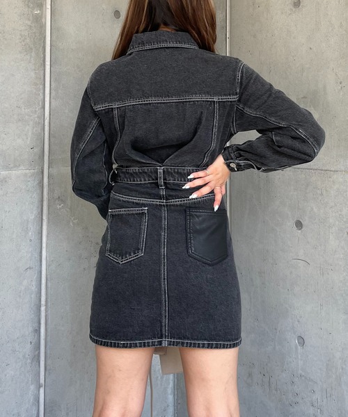 SPIRALGIRL(スパイラルガール)の「合皮ポケットデニムミニワンピース(ワンピース・レディース・ブラック/インディゴブルー・FREE)」の8枚目の写真