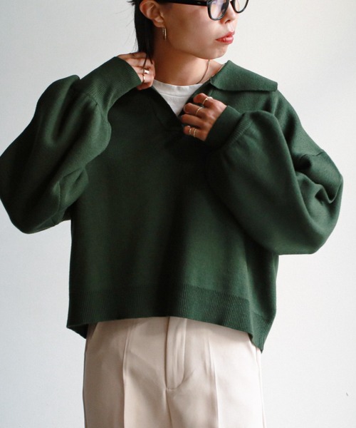 feepur（フェピュール）の「《ウォッシャブル》ポロカラークロップドニット（ニット/セーター・レディース・ブラック/ベージュ/グリーン・MEDIUM）」の3枚目の写真