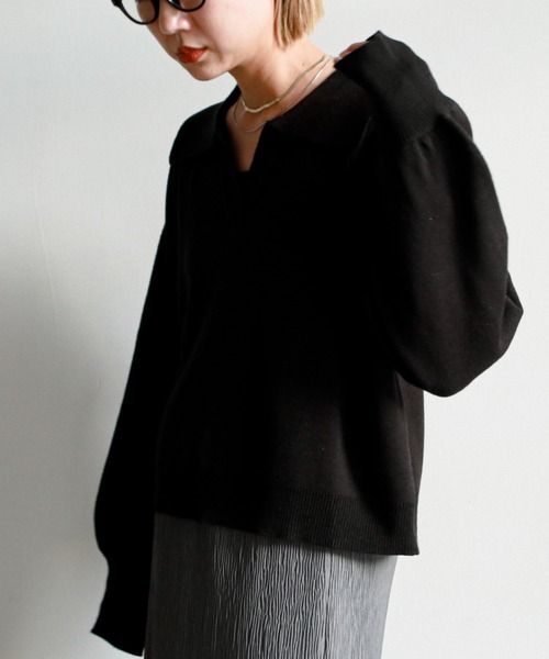 feepur（フェピュール）の「《ウォッシャブル》ポロカラークロップドニット（ニット/セーター・レディース・ブラック/ベージュ/グリーン・MEDIUM）」の2枚目の写真