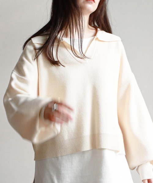 feepur（フェピュール）の「《ウォッシャブル》ポロカラークロップドニット（ニット/セーター・レディース・ブラック/ベージュ/グリーン・MEDIUM）」の7枚目の写真