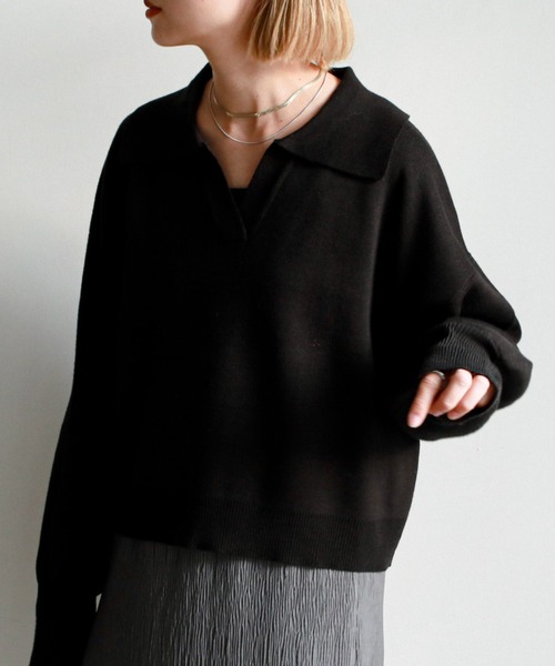 feepur（フェピュール）の「《ウォッシャブル》ポロカラークロップドニット（ニット/セーター・レディース・ブラック/ベージュ/グリーン・MEDIUM）」の16枚目の写真