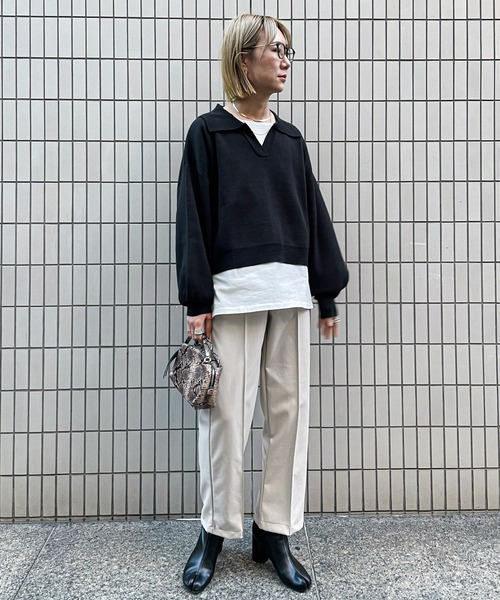 feepur（フェピュール）の「《ウォッシャブル》ポロカラークロップドニット（ニット/セーター・レディース・ブラック/ベージュ/グリーン・MEDIUM）」の9枚目の写真