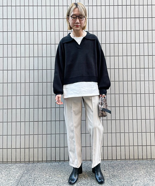 feepur（フェピュール）の「《ウォッシャブル》ポロカラークロップドニット（ニット/セーター・レディース・ブラック/ベージュ/グリーン・MEDIUM）」の13枚目の写真